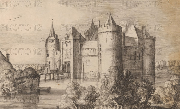 t Slot te Muyden, in Zuijdt Hollandt, View of Muiderslot, print, printmaker: Claes Jansz. Visscher (II), 1617, paper, etching, height 130 mm x width 201 mm, castle, Muiden, Muiderslot, A detailed pen-and-ink drawing of a riverside castle with multiple stone towers and steep conical roofs, one tower showing a flag at its peak and another with smoke rising from a chimney, connected buildings with arched doorways and small windows, and defensive battlements. The castle stands beside a calm river with a wooden dock and small boats moored along the bank. In the foreground are leafy trees and shrubs with dense foliage, and a wooden fence leading to the water. On the left bank a small group of people stand near the water's edge, and a figure is visible on a distant hilltop. The sky is filled with fine horizontal hatching lines and scattered small birds.