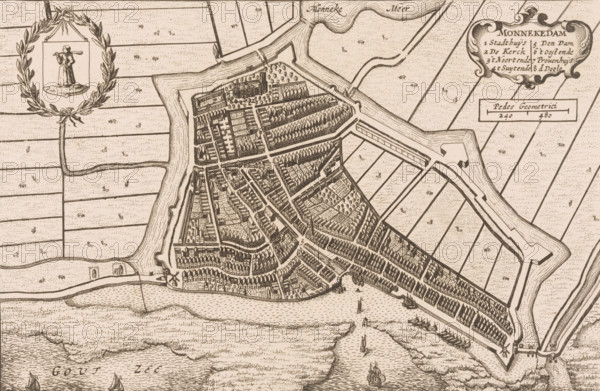 Map of Monnickendam, Monnekedam, area plan, print, printmaker, publisher, Amsterdam, paper, etching, height 150 mm x width 226 mm, Print used in: Blaeu, Johannes Willemszoon. Toonneel der steden van de Vereenighde Nederlanden. 2 vols. Amsterdam: Johannes Willemszoon Blaeu, 1652, vol. 1., maps of cities, Monnickendam, A detailed monochrome map showing a fortified town with angular walls and bastions surrounded by water channels and marshy fields, a dense arrangement of narrow streets and closely packed buildings with pitched roofs, open yards and tree-lined blocks within the town, small docks and moored sailing ships along the waterfront, a wreath-like decorative cartouche with a figure holding a long object, patterned agricultural plots outside the defenses, bridges and causeways connecting the town to surrounding land, and stylized waves and sailing vessels in the adjacent sea.