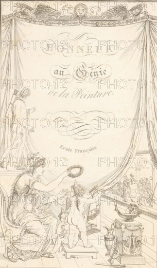 Allegorical title page, Honneur au Génie de la Peinture, ornamental print, Allegorical representation. Minerva honours the genius of painting who pulls back the curtain, revealing the painting 'The Oath of the Horatii' by Jacques-Louis David. Part (1r. Cah. f. 1e) of the print album with two series of a total of 138 ornamental prints by Beauvallet and Normand, 'Fragmens d'Ornemens dans le Style Antique'., printmaker: Pierre-Nicolas Beauvallet, Paris, after design by Pierre-Nicolas Beauvallet, calligrapher: Beaublé fils, publisher: Jacques-Louis Bance, 1820, Pierre-Nicolas Beauvallet, Beaublé fils, Jacques-Louis Bance, printmaker, calligrapher, publisher, paper, etching, height 0 mm x width 0 mm, picture, painting, ornaments, art, 'Genio' (Ripa), specific aspects, allegorical aspects of Minerva, Minerva as patroness - veneration, honored by, A large draped curtain frames the scene with decorative edging and two bird figures perched at the top corners and a carved face at the center top;...