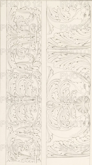 Two friezes, ornamental print, Ornamental print with two friezes. Part (19th. Cah.er f.le 39) of the print album with two series of a total of 138 ornamental prints by Beauvallet and Normand, 'Fragmens d'Ornemens dans le Style Antique'., printmaker: Charles Pierre Joseph Normand, Paris, publisher: Jacques-Louis Bance, 1820, Charles Pierre Joseph Normand, Jacques-Louis Bance, printmaker, publisher, paper, etching, height 0 mm x width 0 mm, ornaments, art, A vertical image showing two narrow adjacent panels filled with intricate symmetrical line drawings of stylized acanthus leaves and curling fronds, with the left panel containing repeated flowing leaf motifs arranged around a central horizontal element and the right panel featuring mirrored fan-like leaf clusters, curved ornamental stems, and a scallop-shaped shell motif near the middle, all rendered in fine, uniform dark lines on a pale background with thin rectangular borders around each panel.