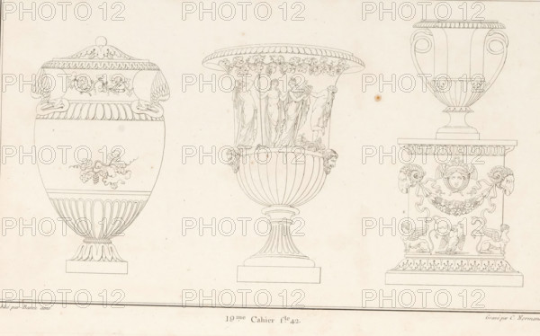 Three vases, ornamental print, Ornamental print with three vases, one on a pedestal. Part (19th. Cah.er f.le 42) of the print album with two series of a total of 138 ornamental prints by Beauvallet and Normand, 'Fragmens d'Ornemens dans le Style Antique'., printmaker: Charles Pierre Joseph Normand, Paris, publisher: Jacques-Louis Bance, 1820, Charles Pierre Joseph Normand, Jacques-Louis Bance, printmaker, publisher, paper, etching, height 0 mm x width 0 mm, vase, ornament, A horizontal drawing shows three ornate urns on pedestals aligned across the page, each rendered in fine linework on a pale background; the left urn has a rounded body with vertical fluting toward its base, a decorative lid topped with a round finial, winged animal head handles facing inward, and a small floral vine motif on its belly; the central urn has a wide flared rim adorned with a grapevine border, a band of standing draped figures beneath the rim, a ribbed lower body, ram head decorations at the transition, a...