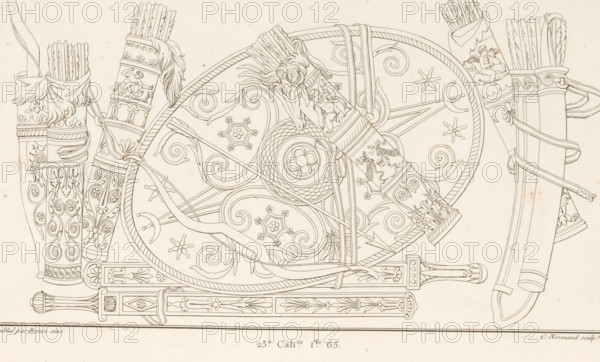 Weapon trophy, ornamental print, ornament with weapons and armor, taken from the Column of Trajan. Part (23rd. Cah.er f.le 65) of the print album with two series of a total of 138 ornamental prints by Beauvallet and Normand, 'Fragmens d'Ornemens dans le Style Antique'., printmaker: Charles Pierre Joseph Normand, Paris, publisher: Jacques-Louis Bance, 1820, Charles Pierre Joseph Normand, Jacques-Louis Bance, printmaker, publisher, paper, etching, height 0 mm x width 0 mm, ornaments, art, 'tropaion', ie decorative ornament, weapons, A close-up of a corner of a printed page showing part of a detailed ornamental line drawing with curved and spiral floral motifs, rope-like bands, tassel-like elements, and decorative column capitals, all in thin black ink on aged off-white paper with light spotting and smudges.