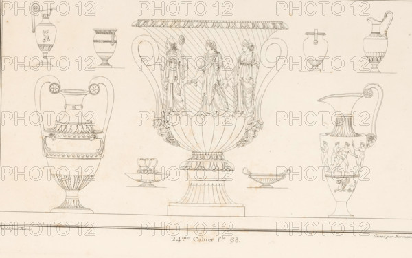 Vases and chalices, ornamental print, Vases and chalices. Part (24th. Cah.er f.le 68) of the print album with two series of a total of 138 ornamental prints by Beauvallet and Normand, 'Fragmens d'Ornemens dans le Style Antique'., printmaker: Charles Pierre Joseph Normand, Paris, publisher: Jacques-Louis Bance, 1820, Charles Pierre Joseph Normand, Jacques-Louis Bance, printmaker, publisher, paper, etching, height 0 mm x width 0 mm, containers, vase, ornament, decorative furniture, A large cream-colored page with a thin double-lined rectangular border near the left and top edges, showing the top portion of a detailed line drawing of an ornate vase with decorative handles and floral motifs; the vase has a flared, petal-like neck, patterned bands around its body, and curved handles ending in circular floral rosettes, and to the right there is a partial view of another smaller, similarly styled vessel on a pedestal.