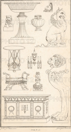 Various ornaments, ornamental print, Ornamental print with various furniture and other objects. Part (5th Cah. No. 25) of the print album with two series of a total of 138 ornamental prints by Beauvallet and Normand, 'Fragmens d'Ornemens dans le Style Antique'., printmaker: Pierre-Nicolas Beauvallet, Paris, publisher: Jacques-Louis Bance, 1820, Pierre-Nicolas Beauvallet, Jacques-Louis Bance, printmaker, publisher, paper, etching, height 0 mm x width 0 mm, ornaments, art, decorative furniture, A detailed line drawing on a light background shows various decorative objects and sculptural elements arranged across the page, including a large fluted pedestal supporting an ornate shallow bowl near the top, a bulbous vase with a scalloped body and decorative band, and a seated mythical creature with wings and a long tail perched on a base. There are several lion motifs, including a carved lion head in profile, a lion bust with a paw resting on a block, and a large sculpted lion head seen in pr...