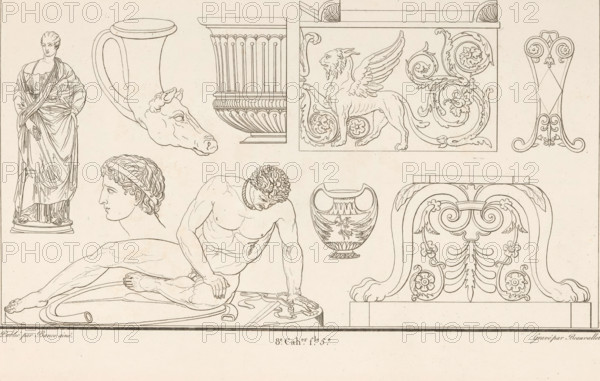 Various ornaments, ornamental print, Ornamental print with various objects, at the bottom the image of the Dying Gaul. Part (8th Cah. f.le 51) of the print album with two series of a total of 138 ornamental prints by Beauvallet and Normand, 'Fragmens d'Ornemens dans le Style Antique'., printmaker: Pierre-Nicolas Beauvallet, Paris, publisher: Jacques-Louis Bance, 1820, Pierre-Nicolas Beauvallet, Jacques-Louis Bance, printmaker, publisher, paper, etching, height 0 mm x width 0 mm, piece of sculpture, reproduction of a piece of sculpture, ornaments, art, A cropped, sepia-toned page shows part of a framed line drawing of a reclining classical figure with curly hair and a headband, an extended leg and foot, and draped fabric over a column fragment; the paper has age spots and a darker textured edge along one side.