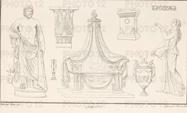 Various ornaments, ornamental print, Ornamental print with a central couch with a canopy, and a standing man and woman on the left and right. Part (9th. Cah. f.le 5) of the print album containing two series of a total of 138 ornamental prints by Beauvallet and Normand, 'Fragmens d'Ornemens dans le Style Antique'., printmaker: Pierre-Nicolas Beauvallet, Paris, publisher: Jacques-Louis Bance, 1820, Pierre-Nicolas Beauvallet, Jacques-Louis Bance, printmaker, publisher, paper, etching, height 0 mm x width 0 mm, ornaments, art, bed, couch, sofa, settee, A portion of an aged, cream-colored page with a darker textured margin at the left and faint spotting and discoloration across the surface; along the lower right edge of the image is part of a framed line drawing showing draped fabric, curved architectural details, and a stylized animal head with an open mouth and horn, all rendered in thin, dark outline.
