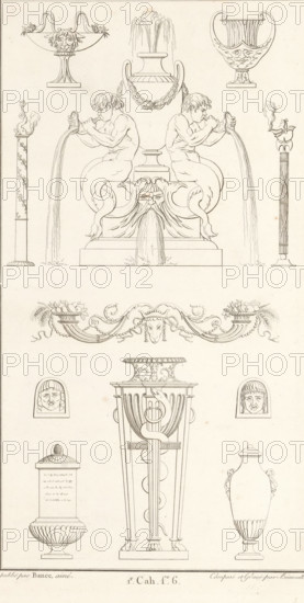Fountain and various vases, ornamental print, Ornamental print including a fountain and various vases. Part (1r. Cah. f. 6) of the print album with two series of a total of 138 ornamental prints by Beauvallet and Normand, 'Fragmens d'Ornemens dans le Style Antique'., printmaker: Pierre-Nicolas Beauvallet, Paris, after design by Pierre-Nicolas Beauvallet, publisher: Jacques-Louis Bance, 1820, Pierre-Nicolas Beauvallet, Jacques-Louis Bance, printmaker, publisher, paper, etching, height 0 mm x width 0 mm, garden fountain, ornaments, art, A vertically oriented ink drawing showing ornamental architectural and sculptural elements arranged in a symmetrical layout across the page, featuring a central fountain motif with two seated male figures facing away from each other and leaning forward to pour water from shell-like vessels while a stylized bearded mask beneath them also emits a cascade of water; decorative urns and shallow bowls with handles occupy the upper corners, and a large two-handl...