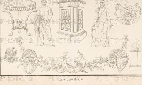 Various ornaments, ornamental print, Ornamental print with two central standing male figures on either side of an altar. Part (12th Cahn. f.le 5) of the print album with two series of a total of 138 ornamental prints by Beauvallet and Normand, 'Fragmens d'Ornemens dans le Style Antique'., printmaker: Cécile Beauvallet, Paris, publisher: Jacques-Louis Bance, 1820, Cécile Beauvallet, Jacques-Louis Bance, printmaker, publisher, paper, etching, height 0 mm x width 0 mm, piece of sculpture, reproduction of a piece of sculpture, ornaments, art, standing figure, altar, Roman religion, A large sheet contains multiple fine line drawings of classical and decorative objects arranged across the page, including two standing male figures shown nude from the waist up with draped cloth, a tall rectangular pedestal with ornate relief panels, a round table with curved legs ending in paw feet, a circular medallion featuring a face with flowing hair and two animal heads at the rim, a domed helmet with int...