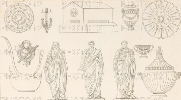 Various ornaments, ornamental print, Ornamental print with three standing figures centrally at the bottom. Part (XIIe. Cah. f.le 6) of the print album with two series of a total of 138 ornamental prints by Beauvallet and Normand, 'Fragmens d'Ornemens dans le Style Antique'., printmaker: Cécile Beauvallet, Paris, publisher: Jacques-Louis Bance, 1820, Cécile Beauvallet, Jacques-Louis Bance, printmaker, publisher, paper, etching, height 0 mm x width 0 mm, piece of sculpture, reproduction of a piece of sculpture, ornaments, art, standing figure, The image shows a pale background with a series of finely drawn line illustrations of classical objects and figures arranged across the page; there are circular ornamental rosettes and medallions, decorated vases with garlands and fluted bodies, and a large covered urn with handles and a domed lid. Several standing draped figures in flowing robes are depicted on rectangular bases, each with distinct hand gestures and folds in their garments. A boat...