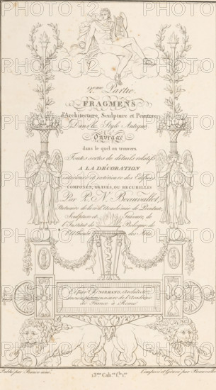 Title page for '2eme Partie Fragmens d'Architecture, Sculpture et Peinture, Dans le Style Antique, ornamental print, title page, Engraved title page with title and ornaments. Apollo at the top, two lions at the bottom. Part (13e. Cah. f.le 1) of the print album with two series of a total of 138 ornamental prints by Beauvallet and Normand, 'Fragmens d'Ornemens dans le Style Antique'., printmaker: Pierre-Nicolas Beauvallet, Paris, publisher: Jacques-Louis Bance, 1820, Pierre-Nicolas Beauvallet, Jacques-Louis Bance, printmaker, publisher, paper, etching, height 0 mm x width 0 mm, ornaments, art, A vertical ornamental engraving showing a reclining male figure on a cloud at the top holding a lyre, flanked by tall floral columns with torch-like flames and wreaths, two winged figures below each holding long trumpets and standing on spherical bases atop decorated pedestals, a central ornate urn with swirling decorations and garlands between the pedestals, a rectangular framed panel beneath the...