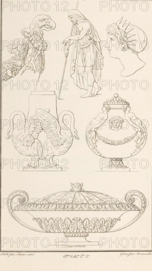 Various ornaments, ornamental print, Ornamental print with various objects. Part (13th. Cah. f.le 2) of the print album with two series of a total of 138 ornamental prints by Beauvallet and Normand, 'Fragmens d'Ornemens dans le Style Antique'., printmaker: Pierre-Nicolas Beauvallet, Paris, after design by Pierre-Nicolas Beauvallet, publisher: Jacques-Louis Bance, 1820, Pierre-Nicolas Beauvallet, Jacques-Louis Bance, printmaker, publisher, paper, etching, height 0 mm x width 0 mm, ornaments, art, A vertical sheet shows multiple fine line ink drawings of decorative classical designs on a light background. Near the top left is an ornate eagle head with ruffled feathers and a bead-like necklace, and to its right a standing robed male figure leaning on a long staff with a cloak draped over his shoulders. To the far right near the top is a profile of a crowned head with wavy hair and an earring. Below these, on the left, is a double-handled vessel whose body is formed by two mirrored swans w...