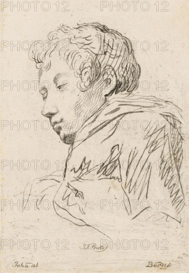 Portrait of the sculptor JF Prokof, print, Sketchy portrait bust of the sculptor JF Prokof., printmaker: Joseph Carl Burde, Prague, after drawing by Jahn, c. 1805 - c. 1820, paper, etching, height 135 mm x width 93 mm, historical persons, portrait, self-portrait of artist, self-portrait of sculptor, A pen and ink line drawing of a person shown in three-quarter profile facing left, with closed eyes and slightly downturned lips. The figure has short, curly hair rendered with looping lines and some crosshatching at the back, a defined ear, and light stippling and short strokes suggesting facial texture. A loose garment drapes over the shoulders, indicated by flowing, sketchy contour lines and varied hatch marks. The background is the plain, lightly textured surface of aged paper.