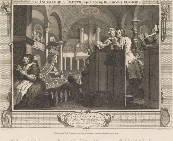 The diligent pupil fulfills his Christian duty (plate 2), The Industrious Prentice performing the Duty of a Christian, Industry and Idleness (original series title), print, Series number, 2, 12, The diligent pupil Goodchild attends the church service in St. Martin-in-the-Fields, together with his master's daughter. Below the image is a cartouche with a text from Psalms. Part of a series of twelve plates depicting the rise and fall of two pupils, Francis Goodchild and Thomas Idle, after the original plates by William Hogarth from 1747., printmaker: Thomas Cook, London, after design by William Hogarth, publisher: Thomas Cook, publisher: Robinson, George, George & John, 1797-02-01, Thomas Cook, William Hogarth, Robinson, printmaker, after design by, publisher, paper, etching, engraving, height 302 mm x width 367 mm, Protestant service, singing (in church), St Martin-in-the-Fields, An engraved scene of an interior with arched ceilings and rows of seating, showing a central raised area with...