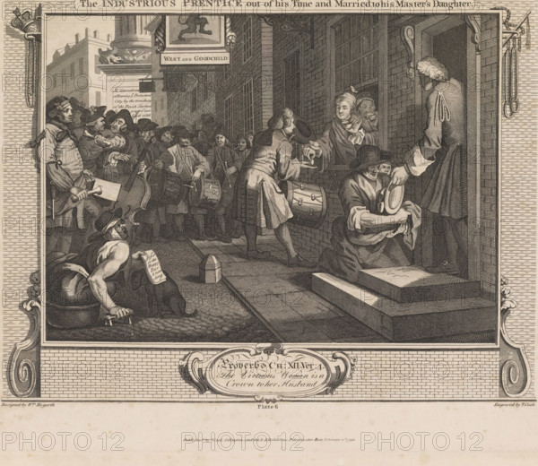 The Industrious Prentice out of his Time and Married to his Master's Daughter, The diligent pupil gives money to musicians (plate 6), Industry and Idleness (original series title), print, Series number, 6, 12, The diligent pupil Goodchild is no longer a pupil but has become a partner in his former boss's business and is married to his daughter. He distributes money and food to a group of musicians and beggars. In the background is the Monument to the Great Fire of London, the monument to the fire of 1666. Below the image is a cartouche with a text from Proverbs. Part of a series of twelve plates depicting the rise and fall of two pupils, Francis Goodchild and Thomas Idle, after the original plates by William Hogarth from 1747., printmaker: Thomas Cook, London, after design by William Hogarth, publisher: Robinson, George, George & John, 1796-02-01, paper, etching, engraving, height 289 mm x width 368 mm, giving alms or other charity, eg: handing out food, giving food, brass band, street...