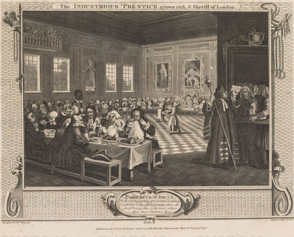 The diligent pupil has grown rich and been appointed Sheriff of London (plate 8), The Industrious 'Prentice grown rich, & Sheriff of London, Industry and Idleness (original series title), print, Series number, 8, 12, The diligent pupil Goodchild and his wife are presiding over a grand banquet in the Fishmongers' Hall. Below the image is a cartouche with a text from Proverbs. Part of a series of twelve plates depicting the rise and fall of two pupils, Francis Goodchild and Thomas Idle, after the original plates by William Hogarth from 1747., printmaker: Thomas Cook, London, after design by William Hogarth, publisher: Robinson, George, George & John, 1796-02-01, paper, etching, engraving, height 289 mm x width 368 mm, celebration meal, feast, banquet, Gluttony, Intemperance, 'Gula', 'Gola', 'Ingordigia', 'Ingordigia overo Avidità', 'Voracità' (Ripa), personification of one of the Seven Deadly Sins, Fishmongers' Hall, An engraved interior scene shows a large hall with high paneled walls a...