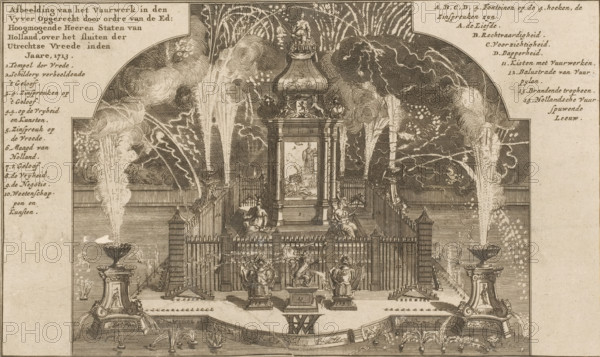 Image of the Fireworks in the Pond Set Off by Order of the Noble and Mighty Lords States of Holland, on the Concluding of the Peace of Utrecht in the Year, 1713, Fireworks at the Celebration of the Peace of Utrecht, print, Structure with fireworks set off by order of the States of Holland and West Friesland on the Hofvijver in The Hague during the celebration of the Peace of Utrecht, June 14, 1713. On either side of the image the title and legend in Dutch., printmaker, Northern Netherlands, paper, etching, height 153 mm x width 258 mm, bonfire, fire-works (illumination, fire-works, festive activities), Peace of Utrecht (1713), The Hague, Hofvijver, Period, A detailed engraved scene shows a central ornate pavilion with a domed top and decorative panels, surrounded by a fenced platform and stairways. Two seated figures occupy the platform on either side of the pavilion, each holding objects. In front of the fence are sculpted figures and a lion sculpture on a pedestal. Tall fountains spr...