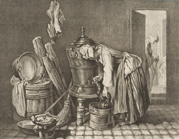 Interior with woman filling a jug with water, print, printmaker: Alfred de Dreux, Netherlands, after painting by Jean Baptiste Siméon Chardin (possibly), 1823 - 1860, paper, lithography, height 218 mm x width 281 mm, kitchen, interior of the house, sweeping (, cleaning the house), A monochrome etching shows a woman bent over a large ornate urn, her head covered with a cloth and her skirt gathered at the back, as she holds a bucket under a spout; around her are stacked barrels, bowls, a ladle, a broom, and hanging rags, with a large pan leaning against a barrel on the left; a doorway to the right reveals a standing figure holding a stick and a smaller figure peeking from behind.