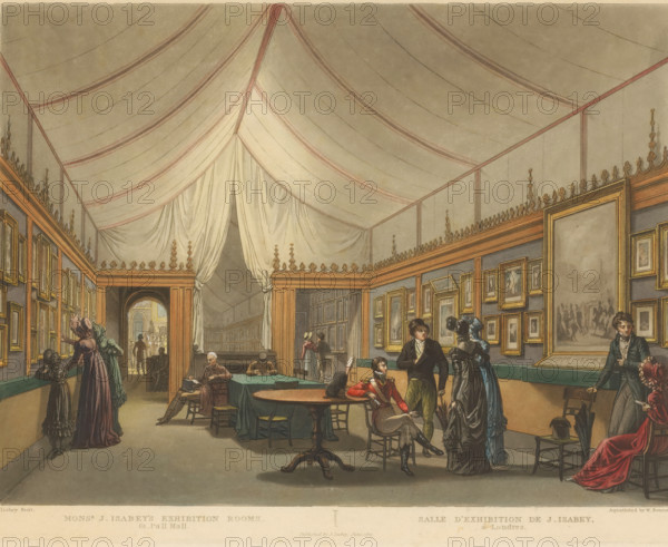 Monsr. J. Isabey's exhibition rooms, 61 Pall Mall, Salle d'Exhibition de J. Isabey, à Londres, Exhibition room of Jean Baptiste Isabey in London, print, printmaker: William James Bennett, printmaker: Jean Baptiste Isabey, London, 1820-06, paper, etching, aquatint, hand coloring, aquatint and etching, hand colored, height 210 mm x width 276 mm, Person, exhibition, art, Pall Mall, A large interior room with a high draped ceiling held up by fabric panels and decorative trim, walls lined with framed paintings, and a central area with tables and chairs; several people in period clothing stand, sit, or converse, including women in long dresses and bonnets, men in coats and waistcoats, and a seated figure in a military-style uniform; a pair of heavy curtains hangs at an opening toward a back corridor where more figures are visible; ornamental moldings run along the top of the walls, and a few small pedestals and stools are scattered around the floor.