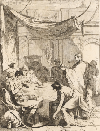 Feeding the hungry, The Seven Works of Mercy, print, Part of a series of seven works of mercy with depictions in an ancient setting., collector's mark: 'M', printmaker: François Hutin, Dresden, after design by François Hutin, c. 1730 - c. 1750, François Hutin, printmaker, Saxony, paper, etching, height 233 mm x width 164 mm, feeding the hungry, 'esuriens cibatur', one of the (seven) Acts of Mercy, A crowded interior scene rendered in fine pen lines shows a large draped canopy hanging overhead with heavy folds and ropes attached to the surrounding architecture; beneath it a semicircular niche holds a small sculpted figure on a pedestal, and decorative roundels and pilasters frame the background. In the foreground, a round table is surrounded by seated and leaning figures engaged with bowls and plates, their clothing consisting of flowing robes, wraps, and simple garments; one seated person wears a beaded necklace and holds a small bowl, another reaches toward a plate, and a standing fig...