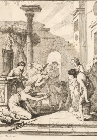 Giving the Thirsty Drink, The Seven Works of Mercy, print, Part of a series of seven works of mercy with depictions in an ancient setting., printmaker: François Hutin, Dresden, c. 1730 - c. 1750, Saxony, paper, etching, height 233 mm x width 164 mm, giving the thirsty to drink, 'sitiens potatur', one of the (seven) Acts of Mercy, A detailed pen-and-ink scene shows a group of figures gathered on a tiled foreground in front of stone architecture and columns, with a ruined wall and an arched opening in the middle distance and a tall pillar with a leafy tree beside it on the left; several people are bent or kneeling, reaching toward bowls and vessels, one woman kneels at the front holding a shallow dish while another stands carrying a large jar, a shirtless figure leans forward with a hand on a staff, an elderly man with a staff stoops near the center, and other figures cluster and gesture toward each other, their draped garments and exposed limbs rendered with fine crosshatching; architec...