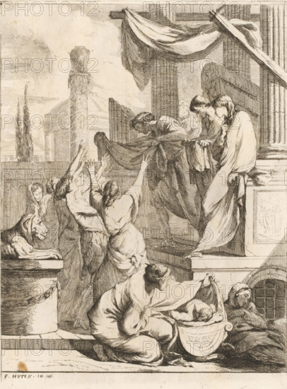 Clothing the naked, The Seven Works of Mercy, print, Part of a series of seven works of mercy with depictions in an ancient setting., printmaker: François Hutin, Dresden, c. 1730 - c. 1750, Saxony, paper, etching, height 233 mm x width 164 mm, 'nudus vestitur', one of the (seven) Acts of Mercy, A detailed monochrome etching shows a classical architectural setting with tall fluted columns and draped fabric hanging from a beam, a partially visible column topped with a carved capital, and a domed structure in the background. On a raised platform a robed figure stands near the column, leaning forward with one hand at the chin and the other holding fabric, while another person beside them lifts a large cloth toward a group below. Several figures at the base reach upward with outstretched arms and turned faces, their garments gathered and flowing. In the foreground a seated figure bends over a woven basket containing an infant, another seated person nearby looks on, and a reclining figure re...