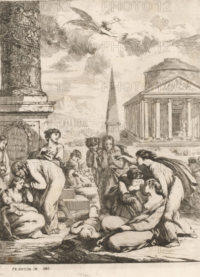 Visiting the Sick, The Seven Works of Mercy, print, Part of a series of seven works of mercy with depictions in an ancient setting., printmaker: François Hutin, Dresden, c. 1730 - c. 1750, Saxony, paper, etching, height 233 mm x width 164 mm, 'aeger curatur', one of the (seven) Acts of Mercy, A detailed monochrome etching shows a crowded scene with many figures gathered in the foreground, several seated or crouched on the ground and some holding or tending to others; most figures wear draped clothing and have visible hair and expressive faces and gestures. In the midground a tall column with carved relief stands on the left and a group of classical buildings with columns and a pediment occupy the right, with a tall, slender obelisk visible between them. In the background there are distant architectural elements and a mountainous landscape. Above the scene large billowing clouds fill the sky and an airborne winged figure appears among them. The overall image is composed of fine linework...