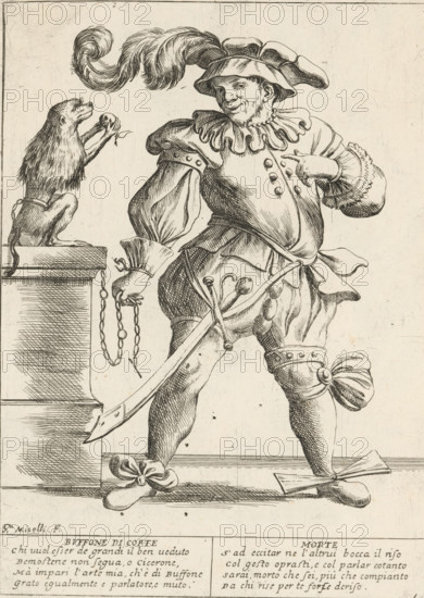 The Jester, The Twenty-Four Hours of Human Happiness, Le Ventiquattr'Hore dell'humana felicità, print, Series number, 10, 24, A jester (Buffone di Corte), dressed in a ridiculous costume with a feathered hat and bows, points at a chained monkey. With two four-line verses in Italian. Numbered top right: 10. Part of the series 'The Twenty-Four Hours of Human Happiness'., printmaker: Giuseppe Maria Mitelli, 1675, paper, etching, engraving, height 275 mm x width 200 mm, height 394 mm x width 280 mm, monkeys, apes, the 24 hours of day and night, scenes symbolizing 'Vanitas', buffoon (in general) (German: 'Schalksnarr'), personifications, the life of man, animals tied up (exercising, performing animal), A detailed black and white line drawing shows a man in theatrical costume standing with one hand on his hip and the other pointing toward himself; he wears a wide-brimmed hat with large flowing plumes, a ruffled collar, puffed sleeves with decorative cuffs, a doublet with buttons, a belt with...