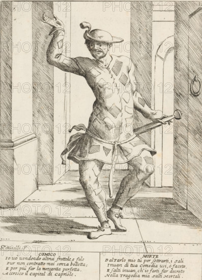 The Comedian, The Twenty-Four Hours of Human Happiness, Le Ventiquattr'Hore dell'humana felicità, print, Series number, 12, 24, A comedian or jester (Comico) dancing like a harlequin. With two four-line verses in Italian. Numbered top right: 12. Part of the series 'The Twenty-Four Hours of Human Happiness'., printmaker: Giuseppe Maria Mitelli, 1675, paper, etching, engraving, height 275 mm x width 200 mm, height 394 mm x width 280 mm, court jester, court fool, the 24 hours of day and night, scenes symbolizing 'Vanitas', personifications, the life of man, types in 'commedia dell'arte': Harlequin, A line drawing of a man standing in a doorway wearing a patterned costume with patch-like shapes and a short skirted garment tied at the waist, a hat with a small plume, and laced shoes with decorative bows; he holds a rod or staff in one hand and raises the other arm with an open hand, his legs shown in a dynamic pose on a wooden floor, the background featuring vertical paneling and an archway...