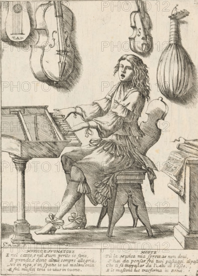 The Musician, The Twenty-Four Hours of Human Happiness, Le Ventiquattr'Hore dell'humana felicità, print, Series number, 13, 24, A young musician (Musico e Suonatore) plays and sings sitting behind a harpsichord. Other musical instruments hang on the wall: guitar, cello, lute, and violin. With two four-line verses in Italian. Numbered top right: 13. Part of the series 'The Twenty-Four Hours of Human Happiness'., printmaker: Giuseppe Maria Mitelli, 1675, paper, etching, engraving, height 275 mm x width 200 mm, height 394 mm x width 280 mm, one person playing keyboard instrument, viola, violoncello, double bass, violin, fiddle, cithern, mandolin, balalaika, clavichord, harpsichord, the 24 hours of day and night, scenes symbolizing 'Vanitas', personifications, the life of man, singer accompanying himself, A seated figure with long wavy hair and an open-mouthed expression plays a keyboard instrument with both hands, wearing a flowing garment with voluminous sleeves and a skirt tied at the w...
