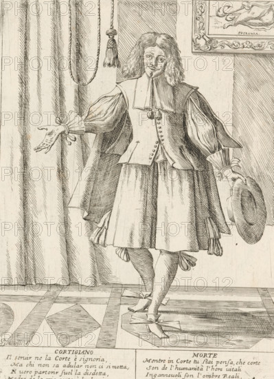 The Courtier, The Twenty-Four Hours of Human Happiness, Le Ventiquattr'Hore dell'humana felicità, print, Series number, 16, 24, The Courtier (Cortigiano). Standing man, hat in hand, makes a slight bow. With two four-line verses in Italian. Numbered top right: 16. Part of the series 'The Twenty-Four Hours of Human Happiness'., printmaker: Giuseppe Maria Mitelli, 1675, paper, etching, engraving, height 275 mm x width 200 mm, height 394 mm x width 280 mm, the 24 hours of day and night, scenes symbolizing 'Vanitas', personifications, the life of man, dignitary at court, making a bow to a ruler, A black and white line drawing of a standing man in period clothing with shoulder-length wavy hair, a wide flat collar, a buttoned doublet, voluminous sleeves tied at the wrists, a knee-length skirted garment, and ribboned shoes; he holds a wide-brimmed hat in one hand and extends the other hand outward; behind him are tall draped curtains with a hanging tassel cord and a framed decorative panel on ...