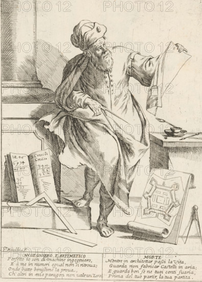 The Engineer and Mathematician, The Twenty-Four Hours of Human Happiness, Le Ventiquattr'Hore dell'humana felicità, print, Series number, 17, 24, The Engineer and Mathematician (Ingegniero e Aritmetico). Man with compass and architectural design in hand. On the ground a book on mathematics and a document on fortification. With two four-line verses in Italian. Numbered top right: 17. Part of the series 'The Twenty-Four Hours of Human Happiness'., printmaker: Giuseppe Maria Mitelli, 1675, paper, etching, engraving, height 275 mm x width 200 mm, height 394 mm x width 280 mm, compasses, fortifications, military engineering, the 24 hours of day and night, scenes symbolizing 'Vanitas', engineering, personifications, the life of man, mathematics (scholar, scientist (at work)), A detailed pen-and-ink drawing of an elderly bearded man seated on a raised surface, wearing a long robe and a soft hat, holding a large sheet of paper in one hand and a pair of dividers in the other; draped cloth falls...