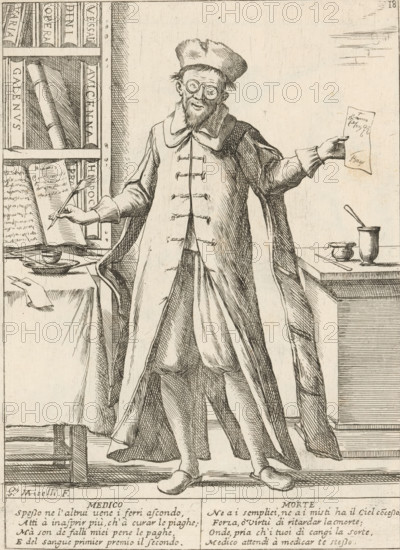 The Physician, The Twenty-Four Hours of Human Happiness, Le Ventiquattr'Hore dell'humana felicità, print, Series number, 18, 24, A physician (Medico). Standing man with glasses in a study with a bookcase, writing in a book, a sheet of paper in the other hand. With two four-line verses in Italian. Numbered top right: 18. Part of the series 'The Twenty-Four Hours of Human Happiness'., printmaker: Giuseppe Maria Mitelli, 1675, paper, etching, engraving, height 275 mm x width 200 mm, height 394 mm x width 280 mm, physician, doctor, the 24 hours of day and night, scenes symbolizing 'Vanitas', personifications, the life of man, An ink drawing of a standing man wearing round spectacles, a soft cap, a high-collared coat with toggles, and a long cloak, shown full length with visible facial hair and a slight smile; he holds a quill in one hand poised over an open book on a table filled with dishes and writing implements, and a sheet of paper in the other hand; to his left a tall bookshelf with l...