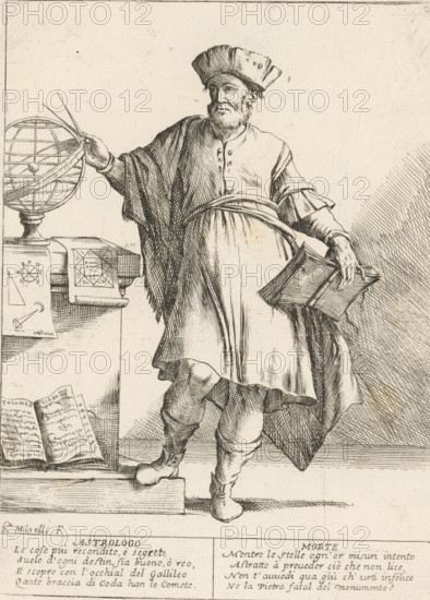 The Astrologer, The Twenty-Four Hours of Human Happiness, Le Ventiquattr'Hore dell'humana felicità, print, Series number, 20, 24, An astrologer (Astrologo) standing next to an armillary sphere, compass in hand, surrounded by books and papers (including a birth chart and a book by Ptolemy). With two four-line verses in Italian. Numbered top right: 20. Part of the series 'The twenty-four hours of human happiness'., printmaker: Giuseppe Maria Mitelli, 1675, paper, etching, engraving, etching and engraving, height 275 mm x width 200 mm, height 394 mm x width 280 mm, the 24 hours of day and night, scenes symbolizing 'Vanitas', armillary sphere, skeleton celestial globe, personifications, the life of man, astrologer at work, horoscope, A monochrome etching of a bearded man wearing a brimmed hat and layered robe, standing with one foot on a raised step and the other on the floor, one arm extended toward a spherical armillary on a pedestal and the other holding an open book, with folded draper...