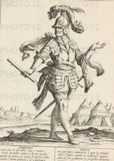 The Soldier, The Twenty-Four Hours of Human Happiness, Le Ventiquattr'Hore dell'humana felicità, print, Series number, 21, 24, A soldier (Guerriero). Standing military commander, command staff in hand, an army camp on the right. With two four-line verses in Italian. Numbered top right: 21. Part of the series 'The Twenty-Four Hours of Human Happiness'., printmaker: Giuseppe Maria Mitelli, 1675, paper, etching, engraving, height 275 mm x width 200 mm, height 394 mm x width 280 mm, commander-in-chief, general, marshal, (military) camp with tents, the 24 hours of day and night, scenes symbolizing 'Vanitas', personifications, the life of man, A detailed ink drawing shows a figure in ornate armor walking across a landscape, wearing a plumed helmet with decorative scrollwork and a flowing plume, a breastplate with engraved ornament, layered tassets at the waist, and articulated arm and leg armor; a sash is tied around the waist with a long scarf-like cloth draped from one arm and a separate c...