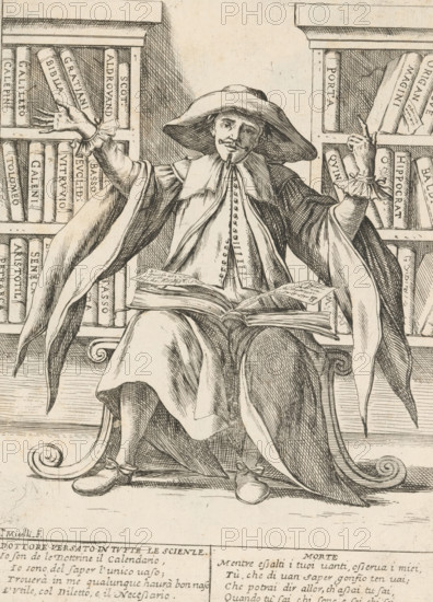 The Know-it-all, The Twenty-Four Hours of Human Happiness, Le Ventiquattr'Hore dell'humana felicità, print, Series number, 22, 24, A scientist who knows everything (Dottore Versato). Man sitting in a study surrounded by bookcases with books. With two four-line verses in Italian. Numbered top right: 22. Part of the series 'The Twenty-Four Hours of Human Happiness'., printmaker: Giuseppe Maria Mitelli, 1675, paper, etching, engraving, height 275 mm x width 200 mm, height 394 mm x width 280 mm, book, scholar in his study, the 24 hours of day and night, scenes symbolizing 'Vanitas', personifications, the life of man, A seated man wearing a wide-brimmed hat and a long cloak with voluminous sleeves sits between bookshelves, his arms raised with gloved hands gesturing outward; he has a mustache and small beard, a layered collar over a buttoned garment, and an open book resting on his lap with loose pages visible; the shelves behind him hold many upright books with visible spines, and decorati...