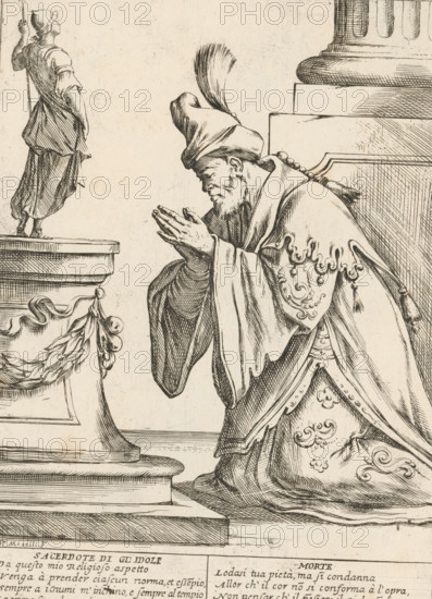 The Priest and the Idol Worshipper, The Twenty-Four Hours of Human Happiness, Le Ventiquattr'Hore dell'humana felicità, print, Series number, 23, 24, The Priest and the Idol Worshipper (Sacerdote di gli'idoli). A priest kneels before an idol. With two four-line verses in Italian. Numbered top right: 23. Part of the series 'The twenty-four hours of human happiness'., printmaker: Giuseppe Maria Mitelli, after design by Giuseppe Maria Mitelli, 1675, Giuseppe Maria Mitelli, printmaker, paper, etching, engraving, etching and engraving, height 275 mm x width 200 mm, height 394 mm x width 280 mm, the 24 hours of day and night, scenes symbolizing 'Vanitas', personifications, the life of man, Idolatry, 'Idololatria', 'Religione finta' (Ripa), A detailed monochrome line drawing shows a kneeling bearded man wearing a flowing ornate robe and a tall hat with a feather, his hands held together in front of his face; he is positioned beside a large architectural pedestal topped with a small standing f...