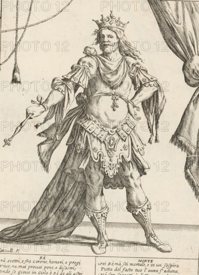 The King, The Twenty-Four Hours of Human Happiness, Le Ventiquattr'Hore dell'humana felicità, print, Series number, 24, Standing King (Re) with scepter in hand. With two four-line verses in Italian. Numbered top right: 24. Part of the series 'The Twenty-Four Hours of Human Happiness'., printmaker: Giuseppe Maria Mitelli, 1675, paper, etching, engraving, height 275 mm x width 200 mm, height 394 mm x width 280 mm, king, the 24 hours of day and night, scenes symbolizing 'Vanitas', personifications, the life of man, A detailed ink drawing of a crowned man wearing ornate armor and flowing drapery, standing with one arm extended holding a slender scepter and the other hand resting near his waist. He has long wavy hair and a mustache and beard, and his crown is decorated with small fleurons. His torso is covered by a decorative breastplate with scalloped edges and floral motifs, and layered skirt-like armor hangs from his waist. Sleeved pauldrons with tied ribbons cover his shoulders and uppe...