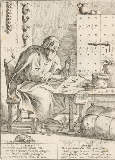 The Miserly Man, The Twenty-Four Hours of Human Happiness, Le Ventiquattr'Hore dell'humana felicità, print, Series number, 2, 24, A miserly man (Avaro) with glasses weighs coins in his office, with one foot on a footstool. In the foreground a toad or frog. On the wall strings of garlic. In front of the wall a safe. With two four-line verses in Italian. Numbered top right: 2. Part of the series 'The Twenty-Four Hours of Human Happiness'., printmaker: Giuseppe Maria Mitelli, 1675, paper, etching, engraving, height 275 mm x width 200 mm, height 394 mm x width 280 mm, coin, the 24 hours of day and night, scenes symbolizing 'Vanitas', tailless amphibians: frog, tailless amphibians: toad, Covetousness, 'Avaritia' (Ripa), personification of one of the Seven Deadly Sins, personifications, the life of man, safe, strongbox, weighing gold or money, An old man with a beard and round spectacles sits on a carved wooden chair draped in a heavy cloak and robe, leaning over a table while holding a smal...