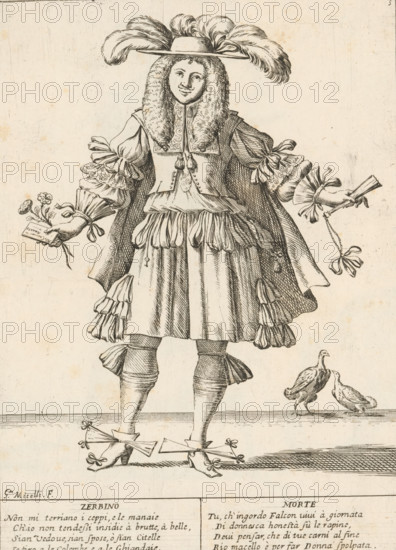 The fashionable young man, The twenty-four hours of human happiness, Le Ventiquattr'Hore dell'humana felicità, print, Series number, 3, 24, A coquettish young man (Zerbino) fashionably dressed in ribbons, bows, and feathers, to seduce young women. In his hands, a fan, a flower, and a love letter. In the background, two pheasants. With two four-line verses in Italian. Numbered top right: 3. Part of the series 'The Twenty-Four Hours of Human Happiness'., printmaker: Giuseppe Maria Mitelli, 1675, paper, etching, engraving, height 275 mm x width 200 mm, height 394 mm x width 280 mm, one-sided courting, pursuit, difficult choice, the 24 hours of day and night, scenes symbolizing 'Vanitas', personifications, the life of man, bow (ornamental part of clothing), dandy, beau, A black ink line drawing of a person standing, shown from hat to feet, wearing a wide-brimmed hat topped with large plumes and a long, curly wig or fur collar framing the face, a detailed jacket with decorative front panels...