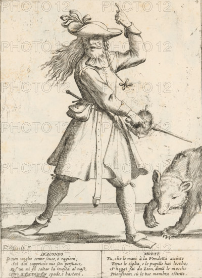 The Impetuous Man, The Twenty-Four Hours of Human Happiness, Le Ventiquattr'Hore dell'humana felicità, print, Series number, 4, 24, An impetuous man (Iracondo) with a drawn sword and long hair points upwards with one hand. To the right, a bear. With two four-line verses in Italian. Numbered top right: 4. Part of the series 'The Twenty-Four Hours of Human Happiness'., printmaker: Giuseppe Maria Mitelli, 1675, paper, etching, engraving, height 275 mm x width 200 mm, height 394 mm x width 280 mm, the 24 hours of day and night, scenes symbolizing 'Vanitas', beasts of prey, predatory animals: bear, Anger, 'Ira' (Ripa), personification of one of the Seven Deadly Sins, personifications, the life of man, aggressive relationships, enmity, animosity, A pen-and-ink drawing of a man in period clothing shown from head to mid-legs, wearing a wide-brimmed hat with a plume, long flowing hair and a braided lock tied with a bow, a mustache and beard, a doublet with a wide collar and a belted skirt, one ...