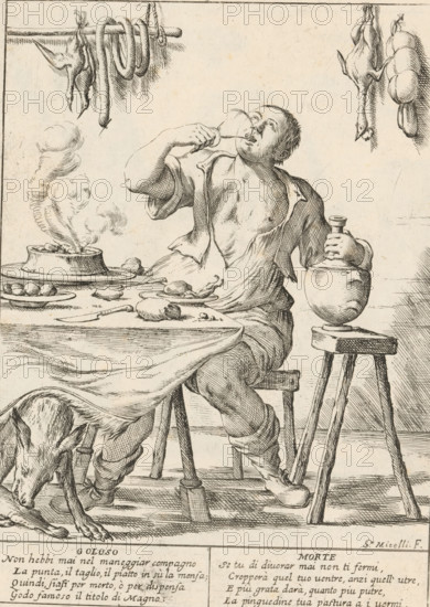 The Glutton, The Twenty-Four Hours of Human Happiness, Le Ventiquattr'Hore dell'humana felicità, print, Series number, 5, 24, A gluttonous man or voracious eater (Goloso) seated at a table laden with foodstuffs drinks from a glass. Sausages and poultry hang on the wall. Under the table, a pig gnaws at a piece of meat. With two four-line verses in Italian. Numbered top right: 5. Title print for the series 'The twenty-four hours of human happiness'., printmaker: Giuseppe Maria Mitelli, 1675, paper, etching, engraving, etching and engraving, height 275 mm x width 200 mm, height 394 mm x width 280 mm, drinking, pig, the 24 hours of day and night, eating, scenes symbolizing 'Vanitas', Gluttony, Intemperance, 'Gula', 'Gola', 'Ingordigia', 'Ingordigia overo Avidità', 'Voracità' (Ripa), personification of one of the Seven Deadly Sins, personifications, the life of man, A man sits at a table with a cloth, his shirt open at the chest and one sleeve rolled, raising a cup to his mouth while holdin...