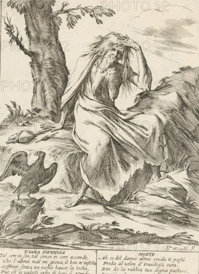 The Envious Woman, The Twenty-Four Hours of Human Happiness, Le Ventiquattr'Hore dell'humana felicità, print, Series number, 6, 24, An envious or spiteful old woman (Donna Invidiosa), half-naked with sagging breasts and disheveled hair. In the foreground an eagle. With two four-line verses in Italian. Numbered top right: 6. Part of the series 'The twenty-four hours of human happiness'., printmaker: Giuseppe Maria Mitelli, 1675, paper, etching, engraving, etching and engraving, height 275 mm x width 200 mm, height 394 mm x width 280 mm, Envy, 'Invidia' (Ripa), personification of one of the Seven Deadly Sins, predatory birds: eagle, breasts - AA - female human figure, the 24 hours of day and night, scenes symbolizing 'Vanitas', personifications, the life of man, A seated woman with long hair swept across her face holds one hand to her forehead and wears a flowing draped garment that falls over her legs; she is positioned beside a large tree trunk with textured bark and a branch extending...
