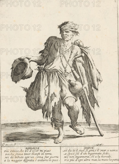 The Rogue, The Twenty-Four Hours of Human Happiness, Le Ventiquattr'Hore dell'humana felicità, print, Series number, 8, 24, A vagabond or beggar (Birbante) in torn clothing, with a crutch and begging with a hat in his hand. With two four-line verses in Italian. Numbered top right: 8. Part of the series 'The Twenty-Four Hours of Human Happiness'., printmaker: Giuseppe Maria Mitelli, 1675, paper, etching, engraving, height 275 mm x width 200 mm, height 394 mm x width 280 mm, the poor, 'fahrende Leute', vagrants, beggar, the 24 hours of day and night, scenes symbolizing 'Vanitas', personifications, the life of man, A pen-and-ink drawing of a ragged man standing barefoot on a textured ground, wearing a torn cloak and a headscarf, with disheveled hair and a beaded necklace draped across his chest; he holds a wide-brimmed hat in one hand and leans on a staff with the other, a gourd-like flask hanging from his belt, his clothing showing frayed edges and patches, and his legs wrapped with stri...
