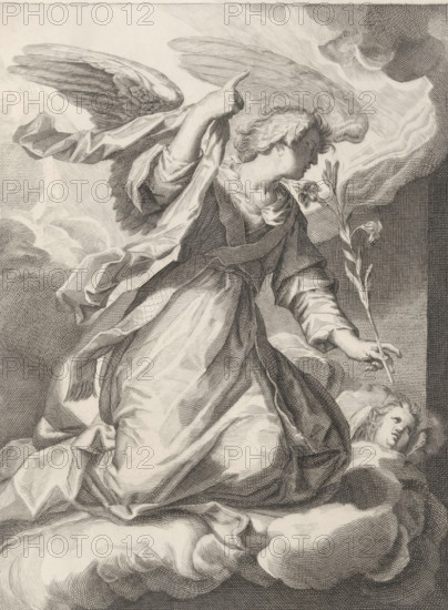 Angel Gabriel, print, The Archangel Gabriel on a cloud. In his left hand he holds a lily and his right hand is raised., printmaker: CA Tuchs (signed by artist), Netherlands, after print by Willem van de Passe, after design by Abraham Bloemaert, 1865-03-01, Willem van de Passe, after print by, paper, engraving, height 263 mm x width 214 mm, the Archangel Gabriel, A monochrome engraving shows a robed winged figure seated on clouds, one arm raised with a draped sleeve and the other extended holding a long-stemmed flower; the figure has curly hair and a downward-turned face, and large detailed feathers form a visible wing behind the shoulder. The drapery of the robe is heavily folded and textured with fine line work, flowing over the clouds and pooling beneath the figure. A smaller partially visible cherubic head lies among the clouds near the extended hand, looking upward. The background features layered, swirling cloud forms rendered with cross-hatching and delicate parallel lines, and t...
