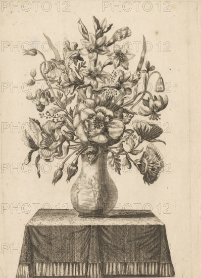 Flowers in vase depicting Saint Christopher with the Christ Child, print, Series number, 51, Numbered bottom left: 51., France (possibly), c. 1650 - c. 1750, printmaker, paper, etching, height 290 mm x width 193 mm, flowers in a vase, flowers: poppy, flowers: narcissus, St. Christopher, with the infant Christ on his shoulders, wading through the water and carrying his staff (palm-tree), sometimes a hermit stands on the further bank beside a chapel, a lantern in his hand, table-cloth, A detailed ink drawing of a large bouquet of assorted flowers with varied petals and leaves arranged in a rounded vase sitting on a rectangular table covered by a patterned cloth; the flowers include multiple open blooms, buds, drooping bell-shaped blossoms, and elongated leaves rendered with fine line work and shading, the vase shows reflected highlights and subtle surface decoration, and the tablecloth displays an ornate repeating pattern and a fringed lower edge, all on a light, textured background.