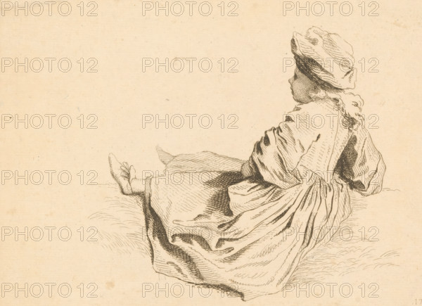 Sitting child with hat and dress, seen from the side, Prints after drawings by Watteau, Figures de différents caractères, de Paysages, et d'Etudes dessinées d'après nature par Antoine Watteau, print, Numbered lower right: 177., printmaker: Jean Audran, France, after drawing by Jean Antoine Watteau, grantor of privilege: Louis XV of France, 1728, paper, etching, height 175 mm x width 245 mm, Print was used in 1728 for the second part of 'Figures de différents caractères, ', a project in which fifteen printmakers participated. The plates were printed by Jean de Julienne. The first part contains numbers 1 to 132 and was advertised in the Mercure in 1726. The second part contains 133 to 350 and was advertised in 1728. In 1739, the plates were sold to Chereau, after which they came into the hands of Huquier. He placed his address on the plates., head-gear: hat, sitting on the ground, child, A sepia-toned line drawing of a seated child shown in profile facing right, wearing a loose dress wit...