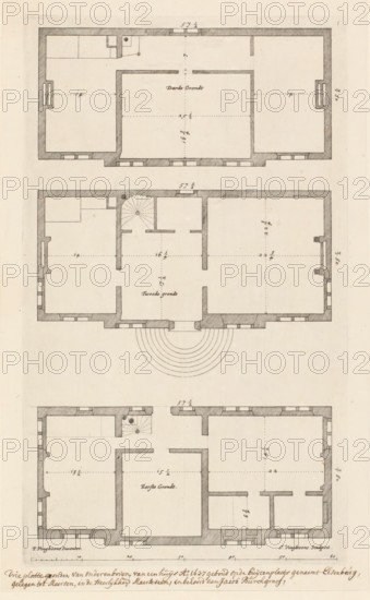Floor plan of the country house Elsenburg in Maarsseveen, Main designs by Philips Vinckboons, Illustrations of the most prominent buildings from all those Philips Vingboons ordained, print, Three-story floor plan of the country estate Elsenburg in Maarsseveen, built in 1637. Numbered top right: 1., inscription: 'Three floor plans from bottom to top, of a house Ao. 1637 built on the country estate named Elsenburg, situated in Maersen, in the Lordship of Maerseveen, and belonging to Jacob Burchgraef', printmaker: Johannes Vinckboons, Amsterdam, after design by Philips Vinckboons (II), 1648, paper, etching, paste, pasted on an album page, height 316 mm x width 185 mm, Print probably from: Afbeelsels der voornaemste bouwen uyt alle die Philips Vingboons geordineert heeft. Amsterdam: Philips en Johannes Vinckboons en Johannes Willemszoon Blaeu, 1648., country-house, plan, architecture, Maarssen, Maarsseveen, A horizontal section of a technical drawing showing three adjacent floor plans rend...