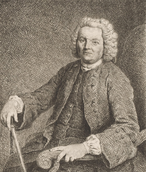 Portrait of Johann Georg Glume, father of the artist, print, printmaker: Johann Gottlieb Glume, Berlin (possibly), 1748, paper, etching, height 155 mm x width 132 mm, Person, Johann Georg Glume, historical persons, old man, A seated man with a curled wig and a high-collared shirt is shown from the waist up in a detailed pen-and-ink style portrait, wearing a buttoned coat with visible buttons and textured fabric; one hand rests on a cane while the other hand touches a rounded armrest, and the background is filled with dense crosshatched lines.