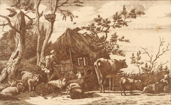 Sitting shepherd with cattle in front of a dilapidated barn, print, printmaker: Vincent Jansz. van der Vinne, Haarlem, after design by Laurens Jacobsz. van der Vinne, 1746 - 1811, paper, etching, printed in brown, height 142 mm x width 227 mm, herding, herdsman, herdswoman, shepherd, shepherdess, cowherd, barn, herd, flock, nesting-box, A sepia-toned pastoral scene showing a thatched shelter partially obscured by trees and bushes, with a wooden fence and a small ladder or railing against the shelter. In the foreground a group of sheep lies and stands on the ground, some curled up and some looking outward. A standing cow faces to the right near the sheep, and another smaller animal stands beside it. A seated figure rests against the shelter or a wooden barrier, leaning on one arm. Tall trees with textured trunks frame the left side, one with a small platform or nest attached, and a few bare-branched trees appear on the right. Low rolling vegetation and scattered shrubs fill the middle g...