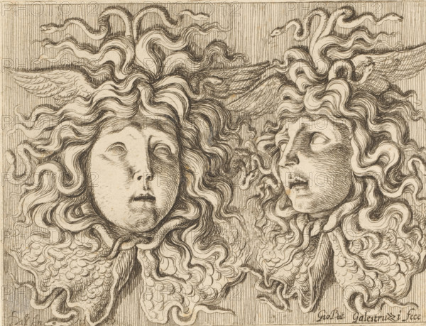 Two heads of Gorgons, print, printmaker: Giovanni Battista Galestruzzi, Italy, after sculpture by anonymous, c. 1650 - c. 1670, after sculpture by, paper, etching, height 101 mm x width 132 mm, piece of sculpture, reproduction of a piece of sculpture, Gorgoneion, head of Medusa, Gorgons, Two large carved faces appear close together, both with flowing, wavy hair rendered in intricate dark lines; the face on the left looks forward with slightly open lips and closed eyes while the face on the right is turned slightly toward the left with parted lips and an upward gaze. Serpents are intertwined among the hair, their sinuous bodies and small heads woven through the curls. Feathered wings emerge near the top of each head, detailed with fine lines for the feathers. The background consists of closely spaced vertical hatch marks, and the whole image is executed in a monochrome pen-and-ink or etching style with textured shading and crosshatching.